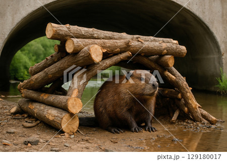 A beaver sits under a log hut by the river. A beaver sits under a log hut by the river. 129180017