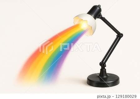 A table lamp with a shell lampshade emits a rainbow. Space for text. A table lamp with a shell lampshade emits a rainbow. Space for text. 129180029