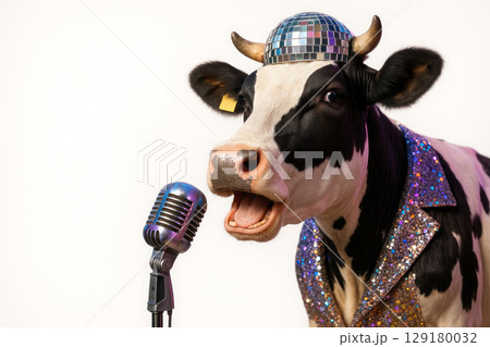 A cow in a shiny disco jacket and a mirror hat sings into a microphone. Space for text. A cow in a shiny disco jacket and a mirror hat sings into a microphone. Space for text. 129180032