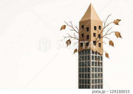 A high-rise, the top of which turns into a cardboard house with branches. Space for text. A high-rise, the top of which turns into a cardboard house with branches. Space for text. 129180033