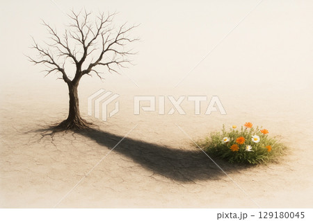 A dry tree that gives shade with flowers. Space for text. A dry tree that gives shade with flowers. Space for text. 129180045