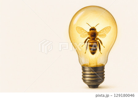 A bee inside a light bulb as a symbol of an idea. Space for text. A bee inside a light bulb as a symbol of an idea. Space for text. 129180046