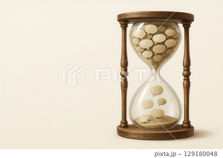 An hourglass filled with speech bubbles. Space for text. 129180048