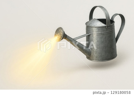 A watering can from which light pours instead of water. Space for text. A watering can from which light pours instead of water. Space for text. 129180058