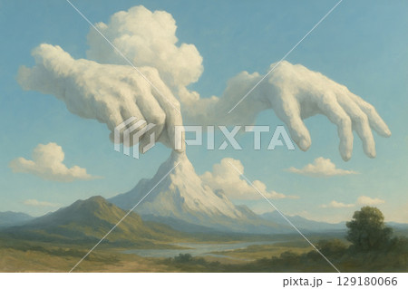 Clouds in the shape of hands create a mountain. Clouds in the shape of hands create a mountain. 129180066