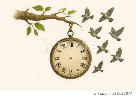 A clock on a branch, surrounded by birds, symbolizes the passing of time. Space for text. A clock on a branch, surrounded by birds, symbolizes the passing of time. Space for text. 129180074
