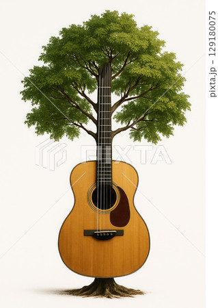 A guitar grows out of a tree like a trunk. A guitar grows out of a tree like a trunk. 129180075