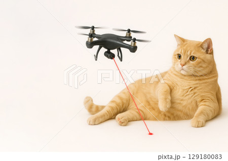 A fat cat watches the laser from a drone. Space for text. 129180083