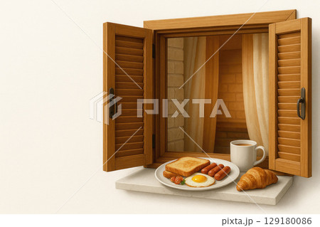 Breakfast in a cozy window with a view from the inside. Space for text. 129180086