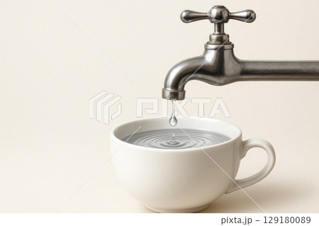 A drop of water from the tap in a mug, a symbol of a resource. Space for text. 129180089