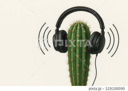 Cactus in headphones listening to music. Space for text. 129180090