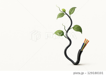A green plant grows from an electric cable. Space for text. 129180101