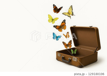 Butterflies fly out of an open suitcase. Space for text. Butterflies fly out of an open suitcase. Space for text. 129180106