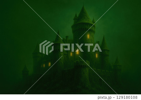 A mysterious castle illuminated in the fog at night. 129180108