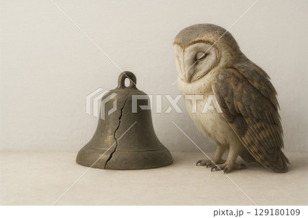 An owl next to a cracked bell on a clean background. Space for text. 129180109