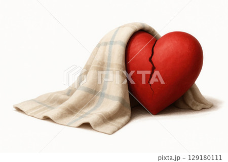 Red broken heart under blanket on white background. Space for text. Red broken heart under blanket on white background. Space for text. 129180111