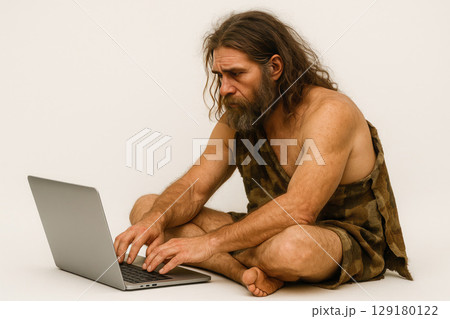 Primitive man sitting with laptop, modernity and prehistoric time. Space for text. 129180122