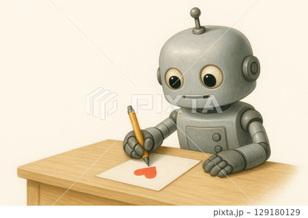 A robot draws a heart with a pencil on a sheet. Space for text. 129180129
