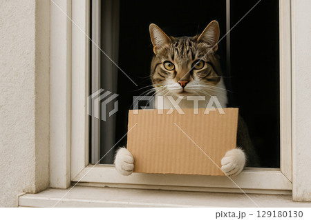 A cat in the window holds a cardboard sign in its paws. Space for text. A cat in the window holds a cardboard sign in its paws. Space for text. 129180130