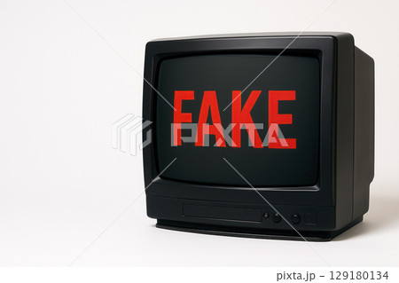 The inscription FAKE on the screen of an old TV on a white background. Space for text. The inscription FAKE on the screen of an old TV on a white background. Space for text. 129180134
