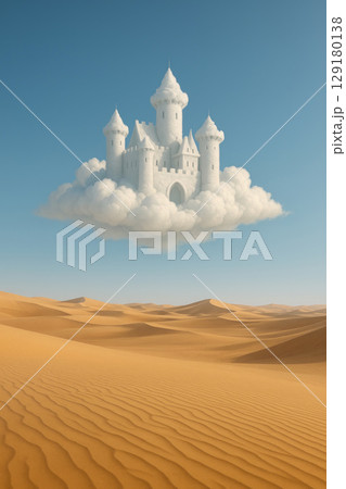 A fairytale castle of clouds hovers over the sandy desert. A fairytale castle of clouds hovers over the sandy desert. 129180138