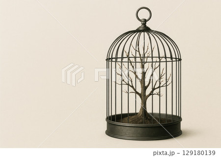 A tree in a cage as a symbol of limited freedom. Space for text. 129180139