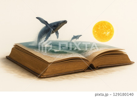 Whales jump out of the ocean created on the pages of the book. 129180140