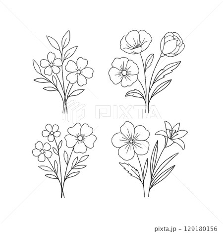 set of hand drawn sketch flowers 129180156