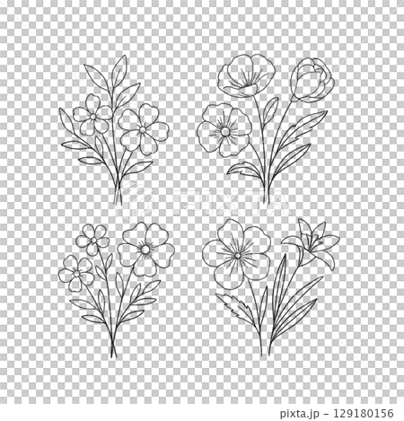 set of hand drawn sketch flowers 129180156