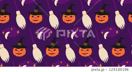 Hand Drawn Halloween Pumpkin in Witch Hat Crescent Clouds Stars and Brooms Seamless Pattern Banner 129180196
