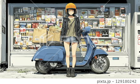 スクーターで買い物に来た女性 129180242