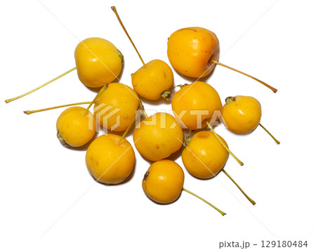 early variety of apples. Small yellow apples on a white background.   Chinese gold. 129180484