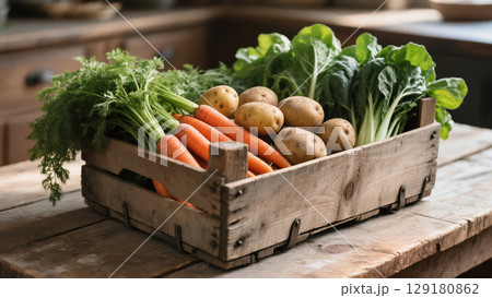 Rustic wooden crate filled with fresh carrots, potatoes and leafy greens placed on wooden table in cozy farmhouse kitchen 129180862
