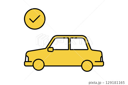 車検に合格したセダン車とチェックマーク、シンプルでかわいい線画アイコン 129181165