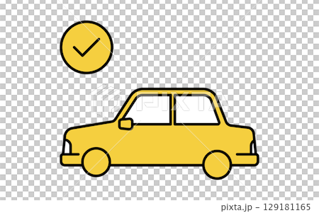 一輛通過車輛檢驗的轎車和一個複選標記，一個簡單可愛的線條畫圖標 129181165