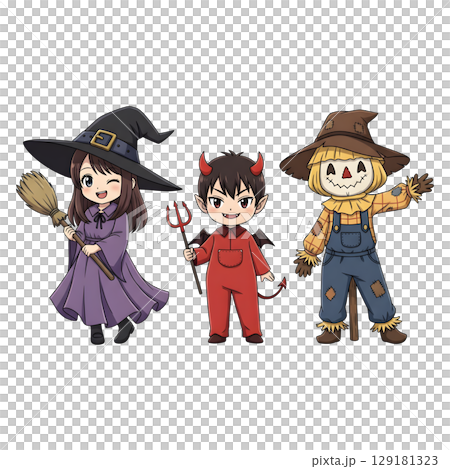 A cute child in a anime-style cartoon Halloween costume, happy for Halloween. Transparent background. A cute child in a anime-style cartoon Halloween costume, happy for Halloween. Transparent background. 129181323