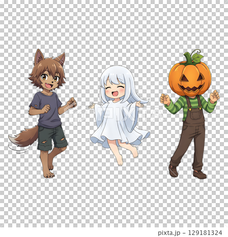 A cute child in a anime-style cartoon Halloween costume, happy for Halloween. Transparent background. 129181324