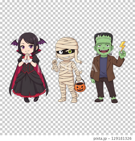 A cute child in a anime-style cartoon Halloween costume, happy for Halloween. Transparent background. 129181326