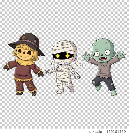 A cute child in a anime-style cartoon Halloween costume, happy for Halloween. Transparent background. A cute child in a anime-style cartoon Halloween costume, happy for Halloween. Transparent background. 129181330