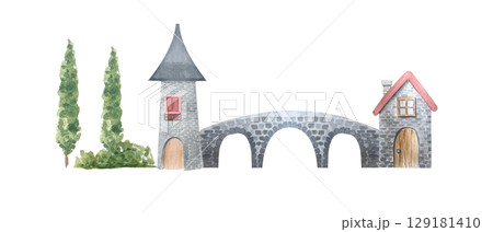 Medieval stone village with tower, arched bridge, house. Hand-painted watercolor scene with cypress trees, rustic architecture. Ideal for children books, fairytale designs, historical-themed 129181410