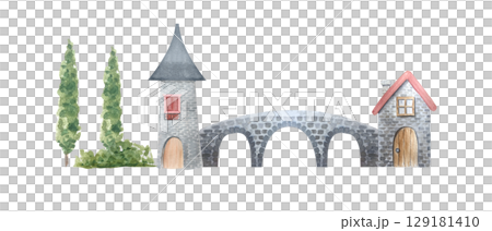 Medieval stone village with tower, arched bridge, house. Hand-painted watercolor scene with cypress trees, rustic architecture. Ideal for children books, fairytale designs, historical-themed 129181410