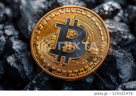 Bitcoin Cryptocurrency Concept with Gold Coin on Coal, Symbolizing Digital Economy and Blockchain Technology Generative AI 129181478