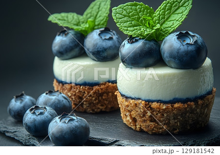Blueberry Cheesecake Bites with Mint Garnish for Elegant Dessert Presentation Generative AI 129181542