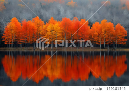 Autumn Forest Reflections on Tranquil Lake for Seasonal Art and Print Design Generative AI 129181543
