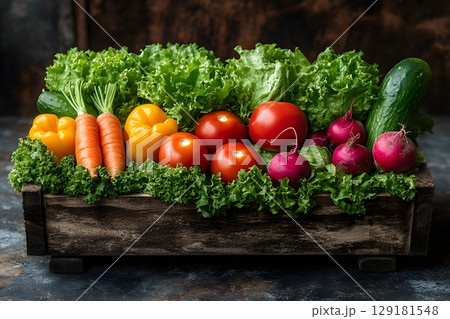 Vibrant Fresh Vegetable Display in Rustic Wooden Box - Ideal for Healthy Eating Concepts Generative AI Vibrant Fresh Vegetable Display in Rustic Wooden Box - Ideal for Healthy Eating Concepts Generative AI 129181548