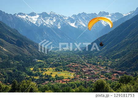 Scenic Paragliding Adventure Over Lush Alpine Valley with Snow-Capped Mountains Generative AI 129181753
