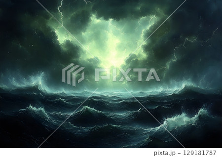Dramatic Ocean Storm with Lightning and Dark Clouds for Meteorological Themes Generative AI 129181787