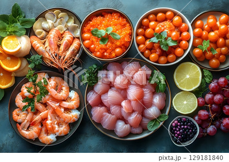 Gourmet Seafood and Fresh Fruit Arrangement for Culinary Inspiration and Design Generative AI 129181840