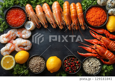Fresh Seafood Platter with Shrimps, Crab, Caviar, and Lemons for Culinary Design Generative AI 129181841