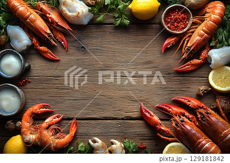 Rustic Seafood Arrangement with Lobsters and Lemons for Culinary Inspiration Generative AI 129181842